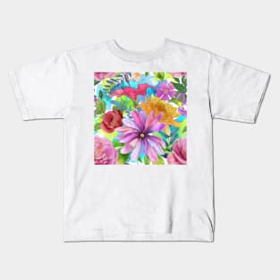 Tropical flowers watercolor print. Hibiscus, Peony, Star Magnolia, Chrysanthemum flowers. Colorful summer jungle Kids T-Shirt